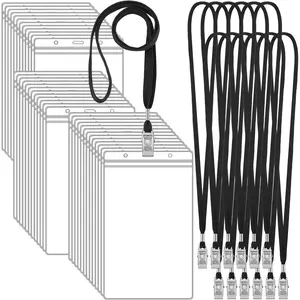50 Pack  4 x 8 Inch Plastic Badge Holder with Lanyard Bulk PVC Ticket Event Credential Protector Sleeves Clear  ID Card Holder for Sporting Events Concerts Office(Black)