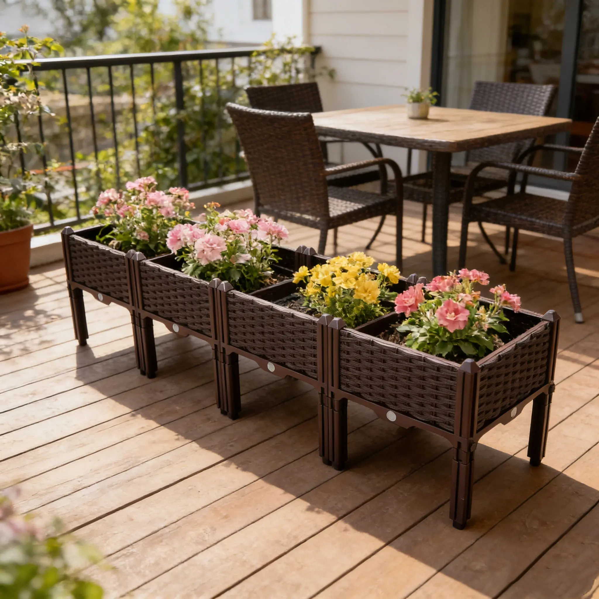 CNCEST 4-Pack Food-Grade PP Raised Planter Beds, Lightweight Flower Bed Boxes with Drain Holes and Pipes, Easy-Assembly Planter Set Boxes for Outdoor & Indoor Vegetables, Flowers, Raised Bed Garden, Decks