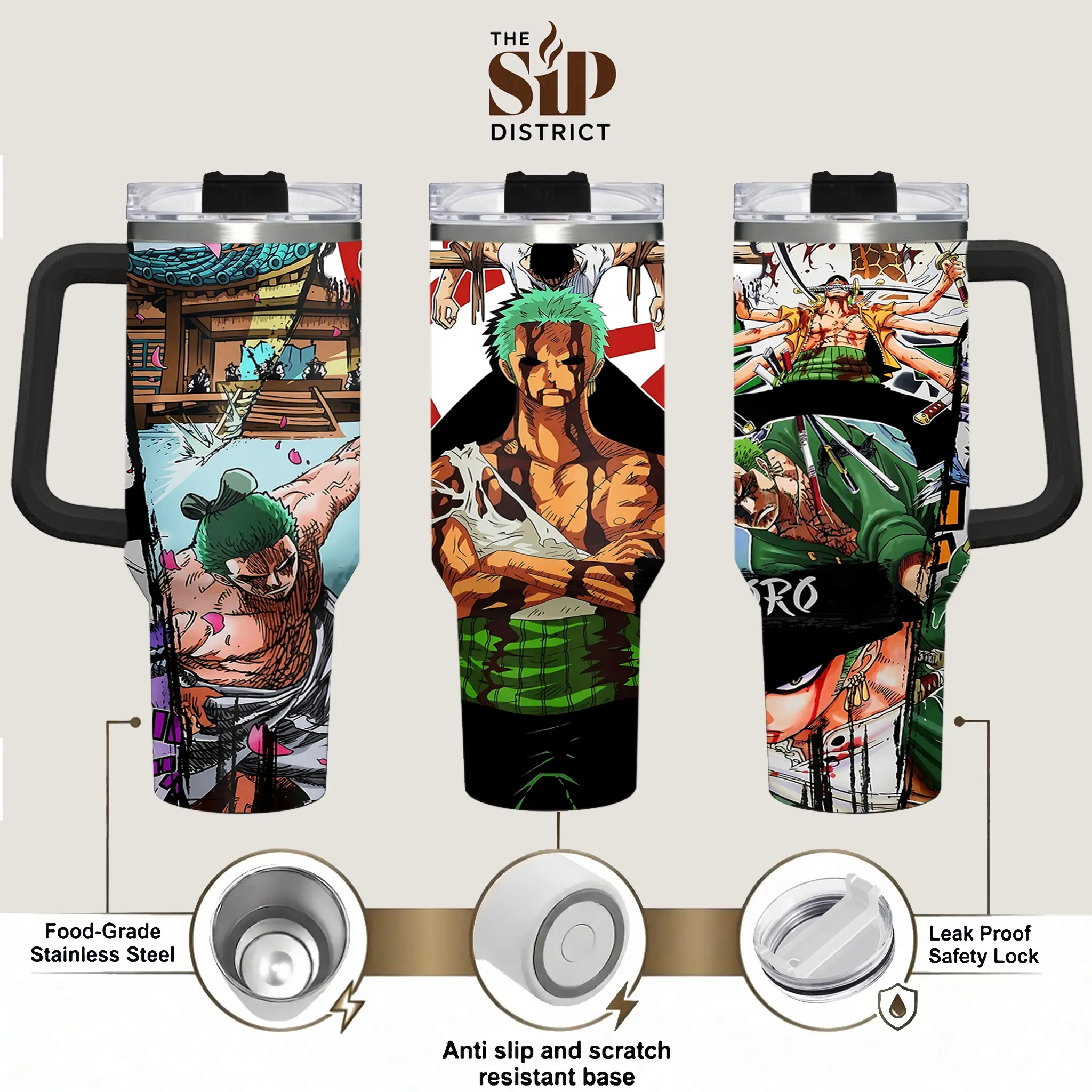 The Sip District. WDC Roronoa Zoro Tumbler 20oz 30oz 40oz With Handle Stainless Steel Tumbler, Pirate Hunter Three Sword Style Anime Gaming Cup, Iced Coffee Travel Mug, Gift for Otaku, Anime & Gaming Fans