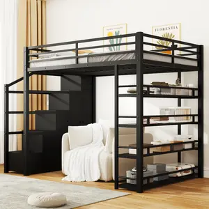 Queen Loft Bed Frame with Stairs, Heavy Duty Metal Loft Bed with Storage Shelves & Wardrobe, Large Under-Bed Space Loft Beds for Bedroom, No-Noise, Black
