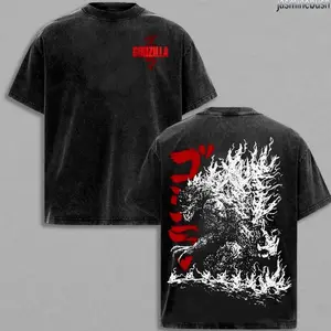 Godzilla Retro Vintage Oversized Washed T-Shirt Hoodie – Unisex Heavyweight Cotton Streetwear Pullover, Classic Movie Fan Hoodie, Gift for Men 780 7U6
