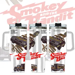 Smokey and The Bandit 40oz Tumbler, Burt Reynolds Sally Fields, Black Handle, Old Movie Gift, Gift For Dad.