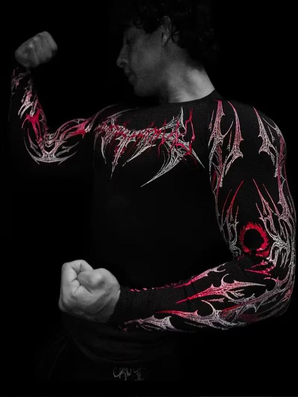 Men's Professional Sports Quick-Dry Fitness Shirt, Gothic Print Long Sleeve, High Elasticity, Round Neck, Moisture-Wicking, Running, Training, Daily Wear, Athletic Top