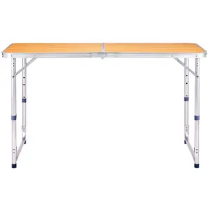 【Father's Day Gift】  4ft wood-grain color outdoor folding table, aluminum alloy, rectangular shape, 50kg, double-fold tabletop