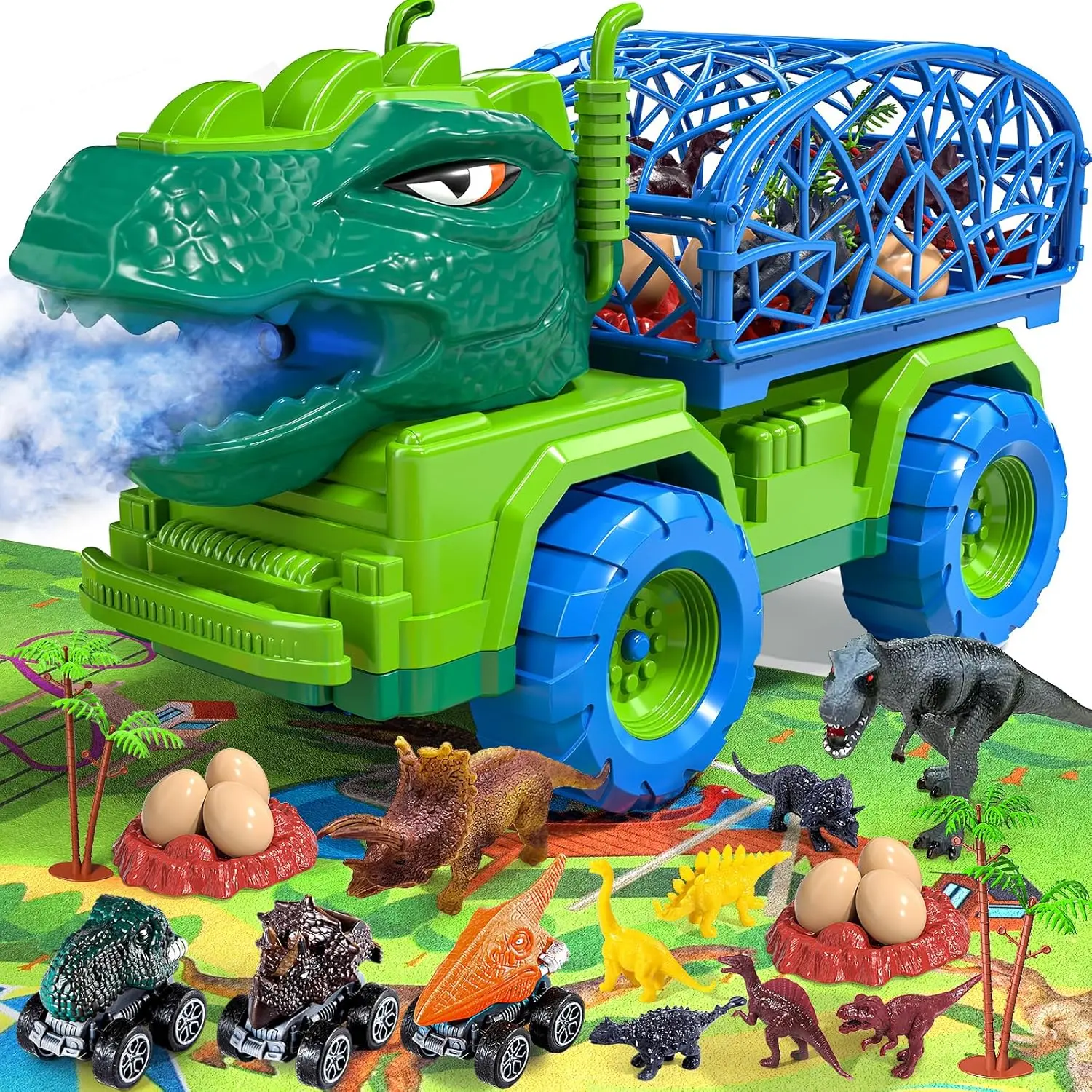 Dinosaur Truck Toys for Kids 3-5, Tyrannosaurus Transport Car Carrier Truck with Spray, 8 Dinosaur Figures, 3 Cars and 6 Eggs, Gifts for Boys and Girls 3 4 5 6 7