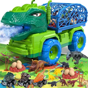 Dinosaur Truck Toys for Kids 3-5, Tyrannosaurus Transport Car Carrier Truck with Spray, 8 Dinosaur Figures, 3 Cars and 6 Eggs, Gifts for Boys and Girls 3 4 5 6 7