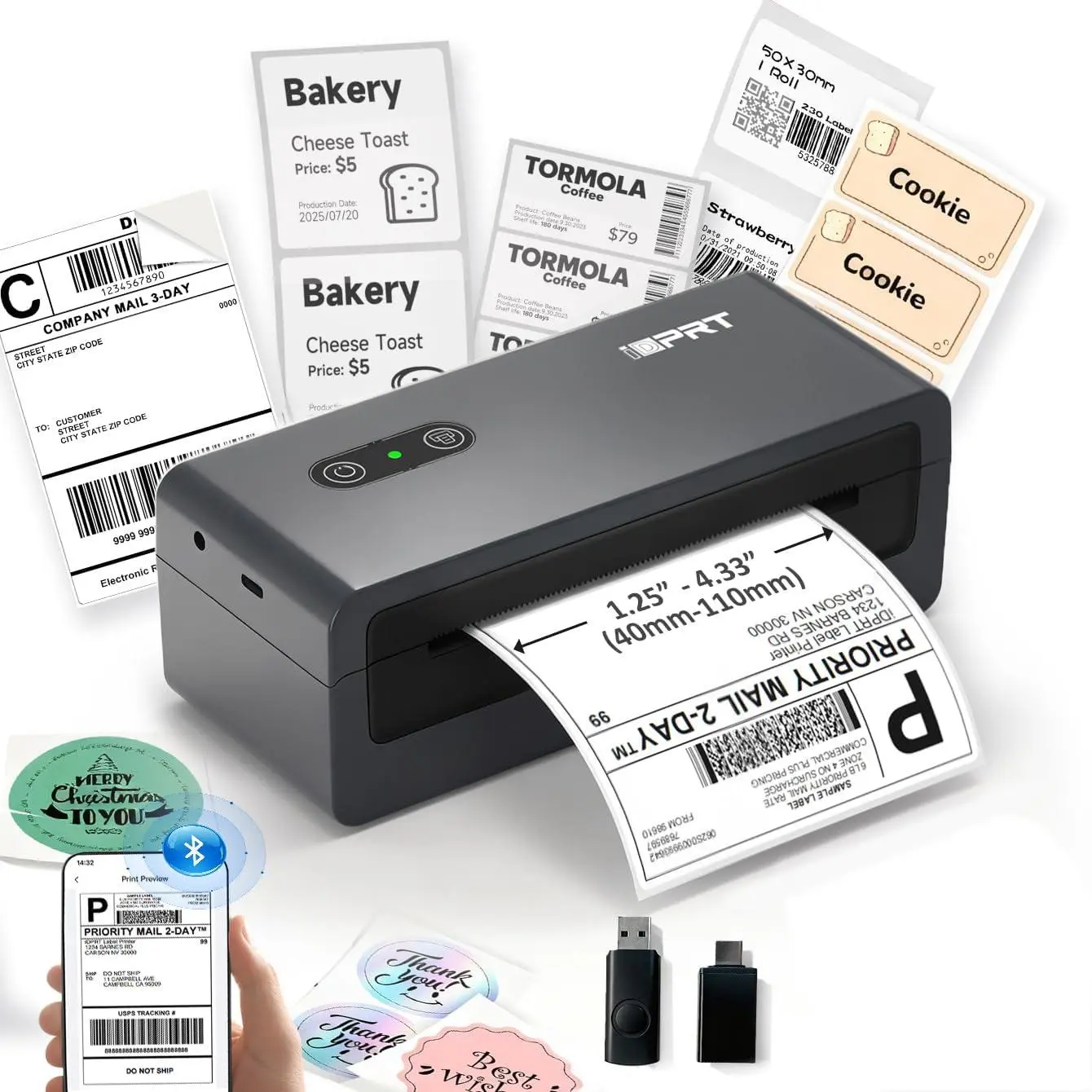 Multi-Purpose 4x6 Bluetooth Thermal Printer - Wireless Shipping Label Maker & DIY Sticker Printer for Home Organization, Small Business Branding & Packaging Supplies，Compatible with Android, iPhone, Windows & Mac summerwins