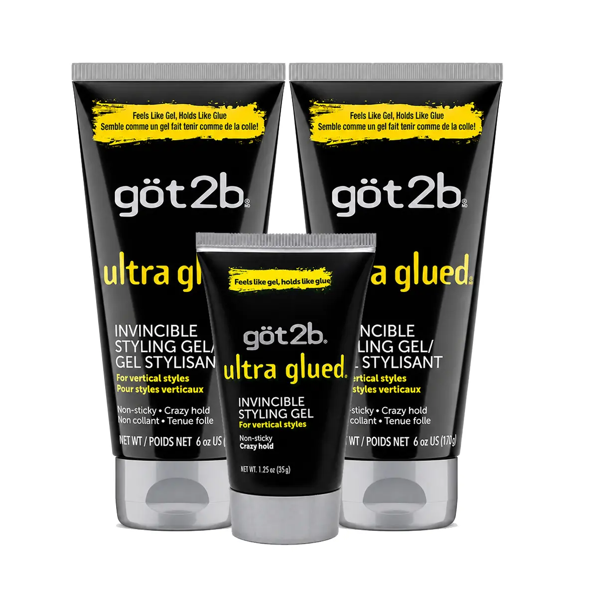 Got2b Ultra Glued Invincible Styling Gel 3-Pack, 6 oz x2 + 1.25 oz, Strong Hold Hair Gel for Spikes, Sculpted & Vertical Styles
