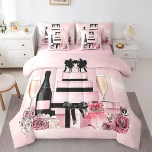 Pink Fashion Girly Comforter Set with Sheets Retro Rose Floral Bed in a Bag for Girls High Heel Perfume Bedding Set,7Pcs Modern Coquette Bow Trendy Elegant Aesthetic,Pink and Black