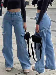 2026SS American Casual Y2K Streetwear Women's Blue Cargo Structured Denim Jeans Button with Side Flap Pockets