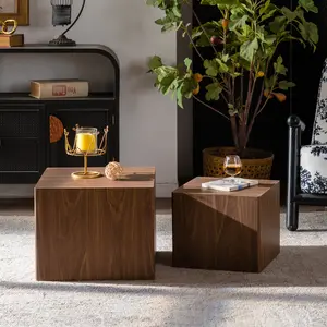 MDF Modern Nesting Imitation Wood Grain Coffee Table, Cube Side Table, Set for Small Space Living Room Bedroom-Set of 2, Fully Assembled, Walnut