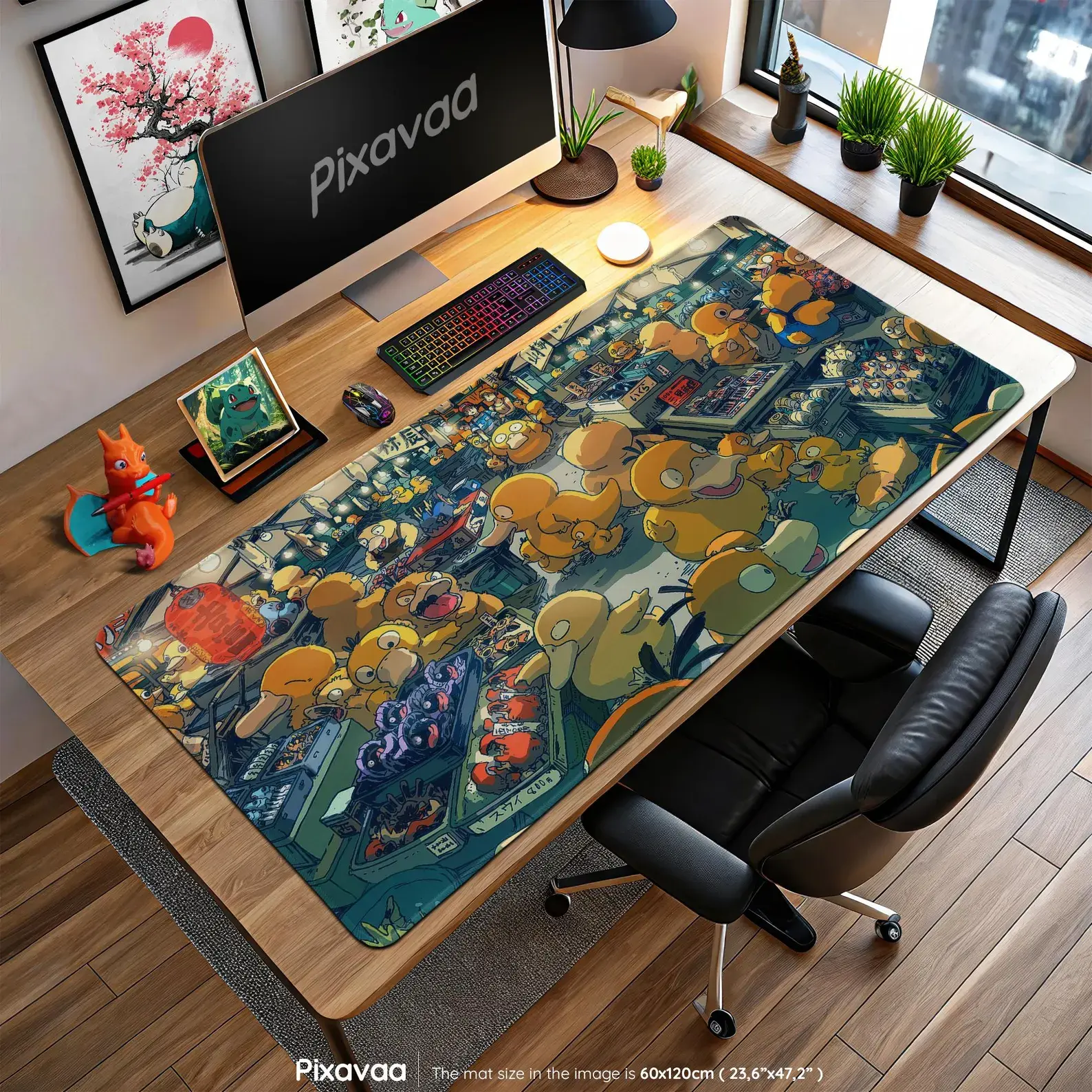 Psyduck Night Market Mouse Pad - Funny Urban pkm Street Art, Kanto Duck Chaos Design, Anime Gaming Desk Mat Gift, Large Extended Desk Mat, Anti-Slip Rubber Base, Stitched Edge