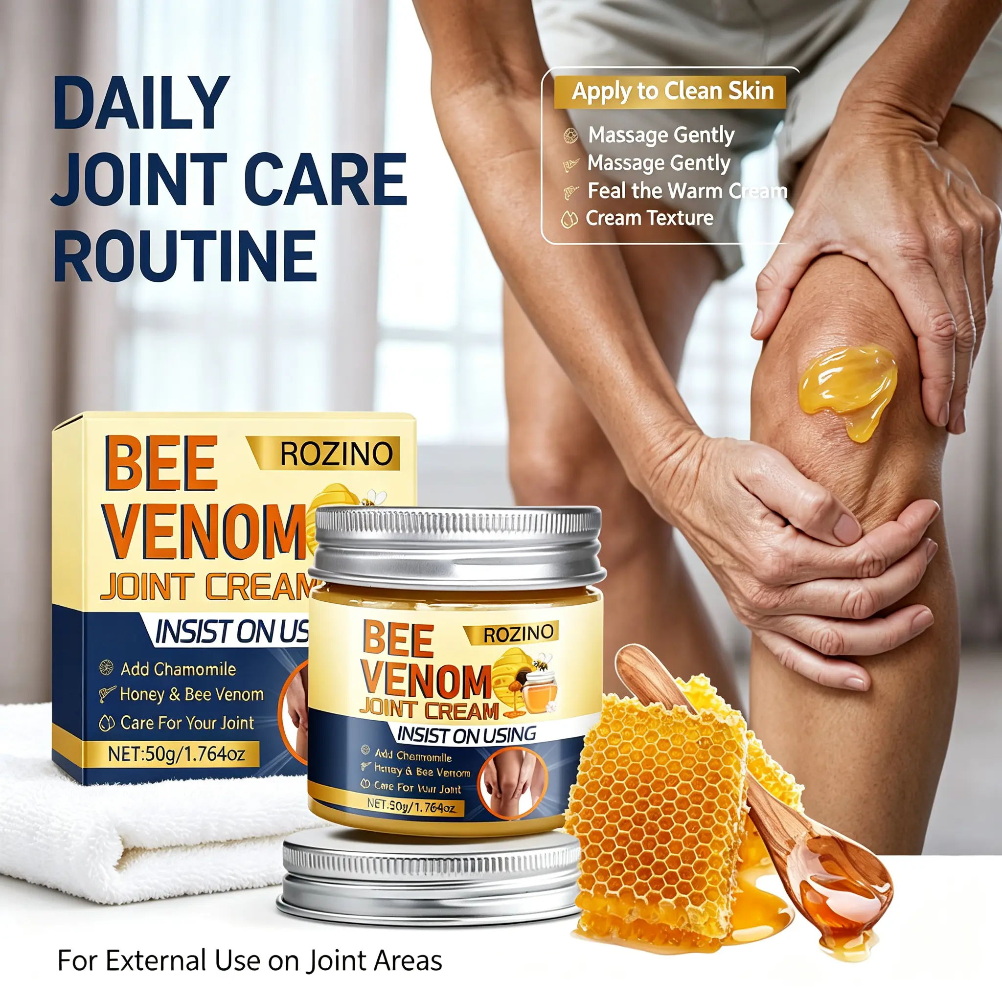 [2 Packs]ROZINO Bee Venom Joint Cream 50g, Honey & Chamomile Infused Nourishing Formula, Daily Skin Revitalization & Hydrating Care Suitable for All Body Joints relief pain Dark Areas Clarifying Snow high-performance repair eczema-free comfortable use