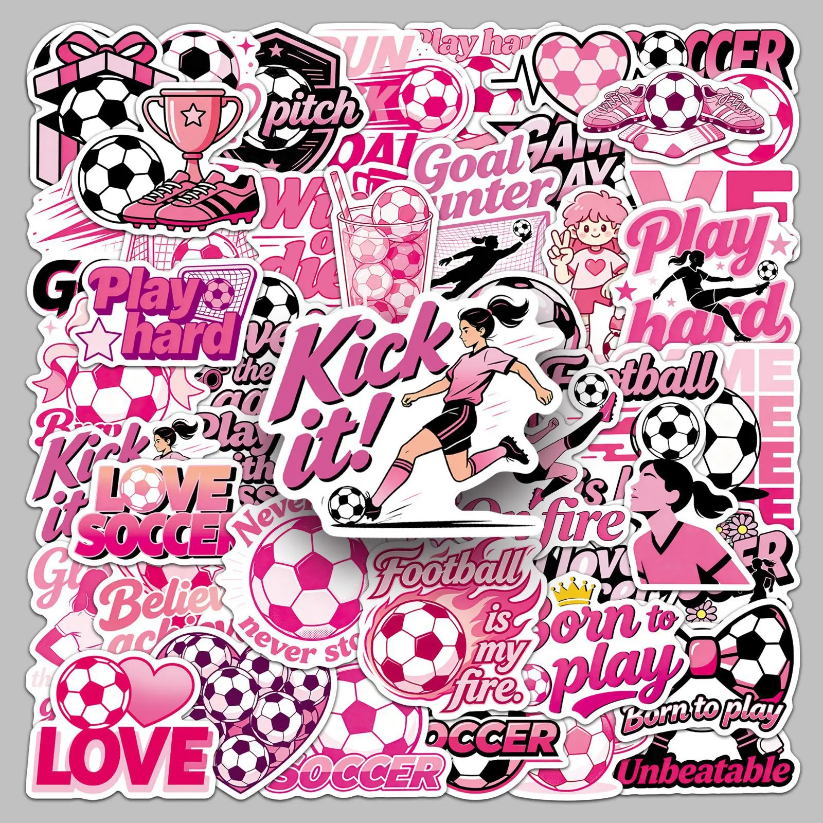 53pcs Pink Soccer Football Stickers, Office Supplies and Notebook Accessories, Suitable for Scrapbooks, Diaries, Laptops, Water Bottles, Cars, Etc., Based on A Design Inspired By Faith.