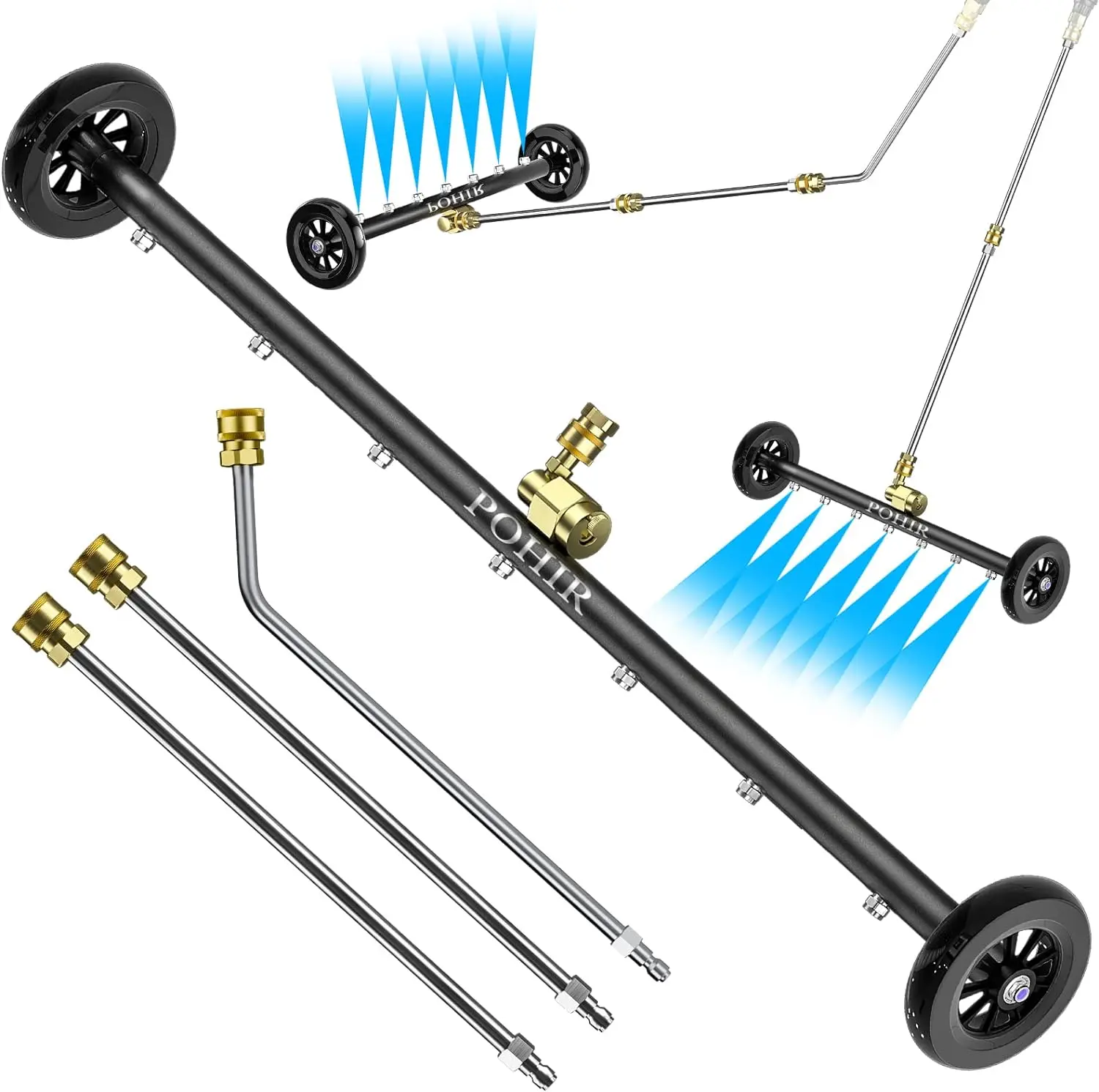 Heavy Duty Pressure Washer Undercarriage Cleaner, 24-Inch Hydraulic-Powered Under Car Tool with 3 Straight Extension Wands, 4000 PSI Accessories & 1 Power Washer Broom for Automotive Maintenance, Driveways, Pressure Washer Accessories