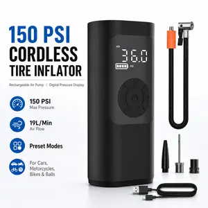 Cordless Tire Inflator, 150 PSI Portable Air Pump with Digital Pressure Display, 5000mAh Rechargeable Air Compressor for Cars, Bikes, Motorcycles and Balls wireless Jumper Starter with LED Lights