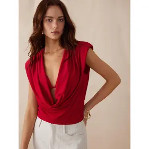 Cider High Stretch Cowl Neck Draped Ruched Crop Top SummerWins Dealsforyou
