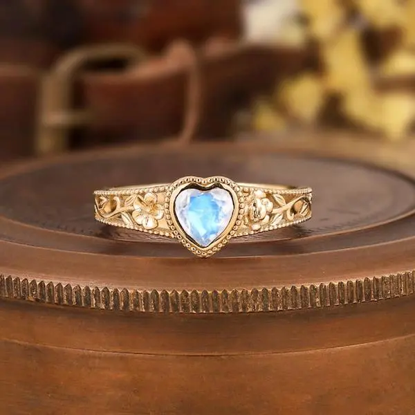 Heart Moonstone Engagement Ring, Floral Art Deco Design