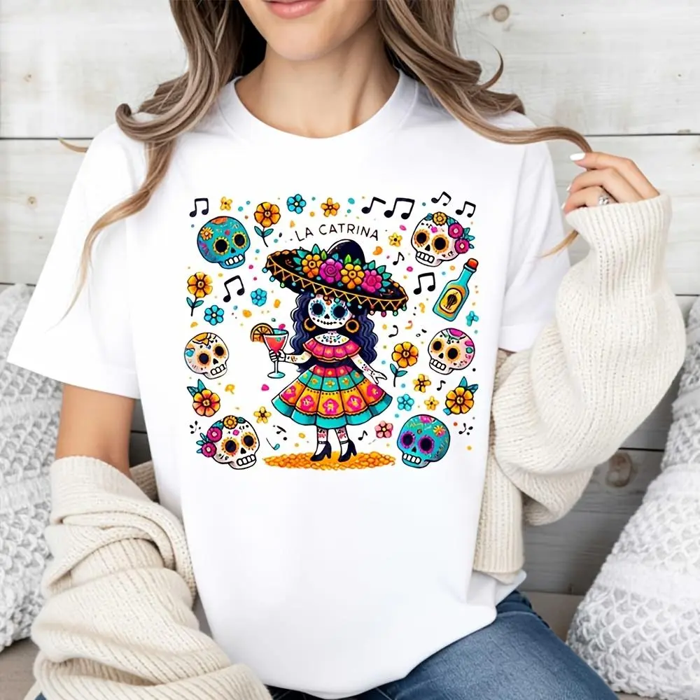 La Catrina Sugar Skull Floral Print, Raglan Long-Sleeved T-Shirt, Day Of The Dead Festival Celebration, Casual Party Wear