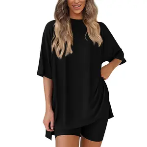 Black women's casual two-piece set, summer casual loose-fit short-sleeve top, simple casual wear, comfortable loungewear, cozy pajamas, a holiday gift for Mom.