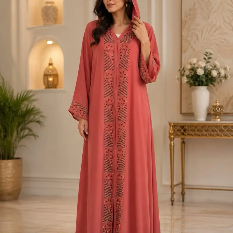 Women's Islamic #57 Dubai Luxury Butterfly Abaya, Modest Fashion, V-Neck, Long Bell Sleeves, Beading Detailing, Built-In Belt, Matching Hijab