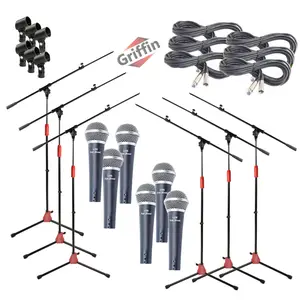 Microphone Boom Stand (GRIFFIN 6 Pack) with Cardioid Vocal Microphones & XLR Mic Cables | Karaoke Holder & Tripod Mount | Handheld Unidirectional Singing Mics for Music Home Studio Recording Streaming