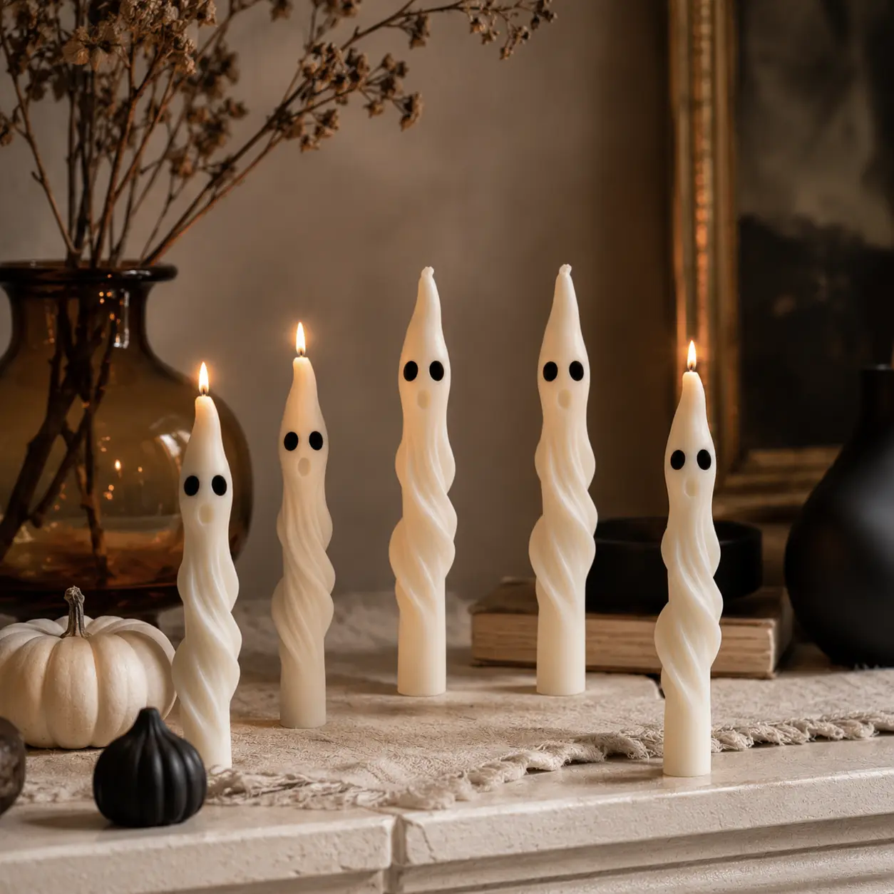 Ghost Taper Candle, 7.87 Inch Twisted Halloween Candle with Cute Spooky Face, Sculptural White Candle for Tabletop, Mantel, Party and Fall Home Decor