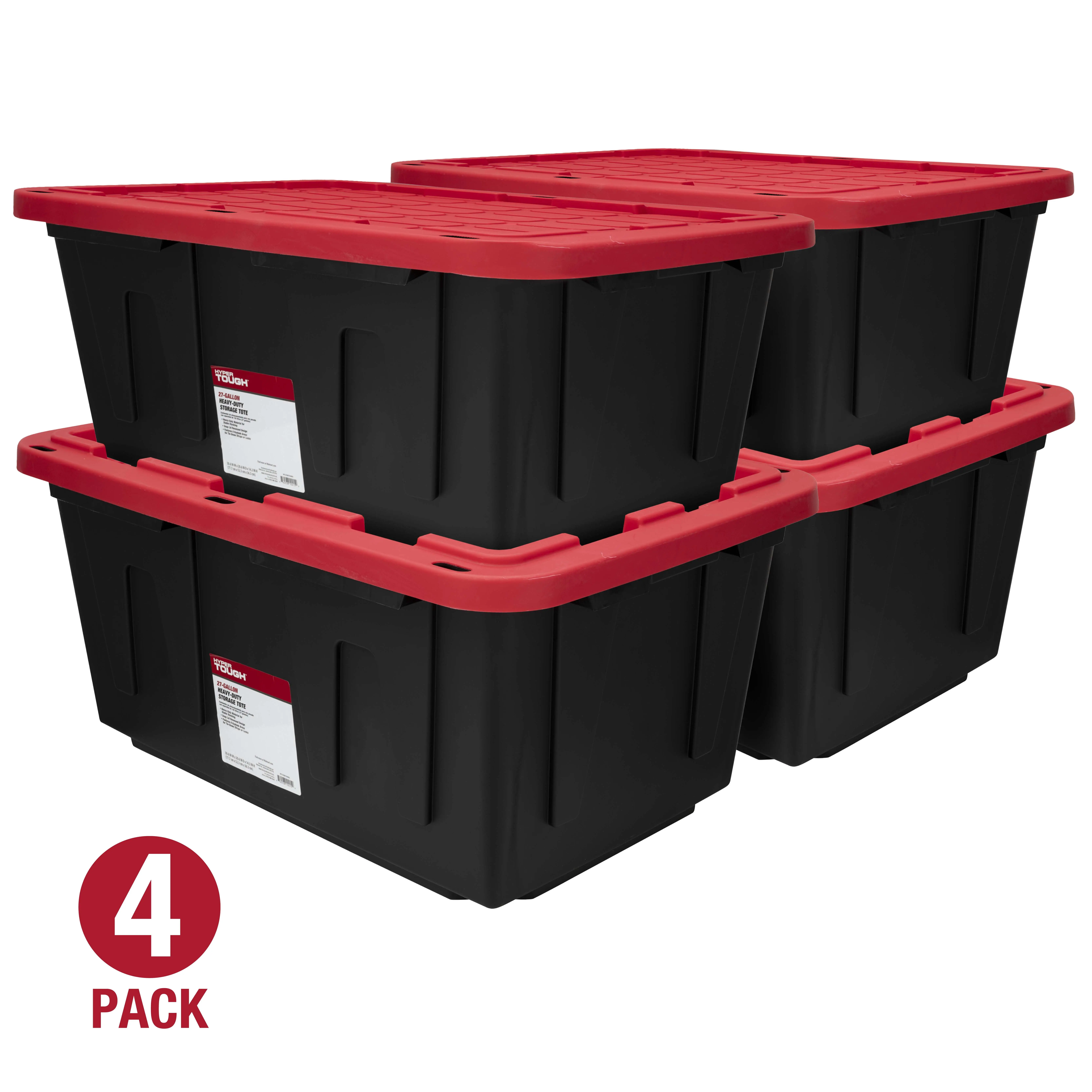 Hyper Tough Heavy Duty Storage Container For Home Moving 27 Gallon Plastic Bin Stackable Snap Lid Black Red 4 Pack