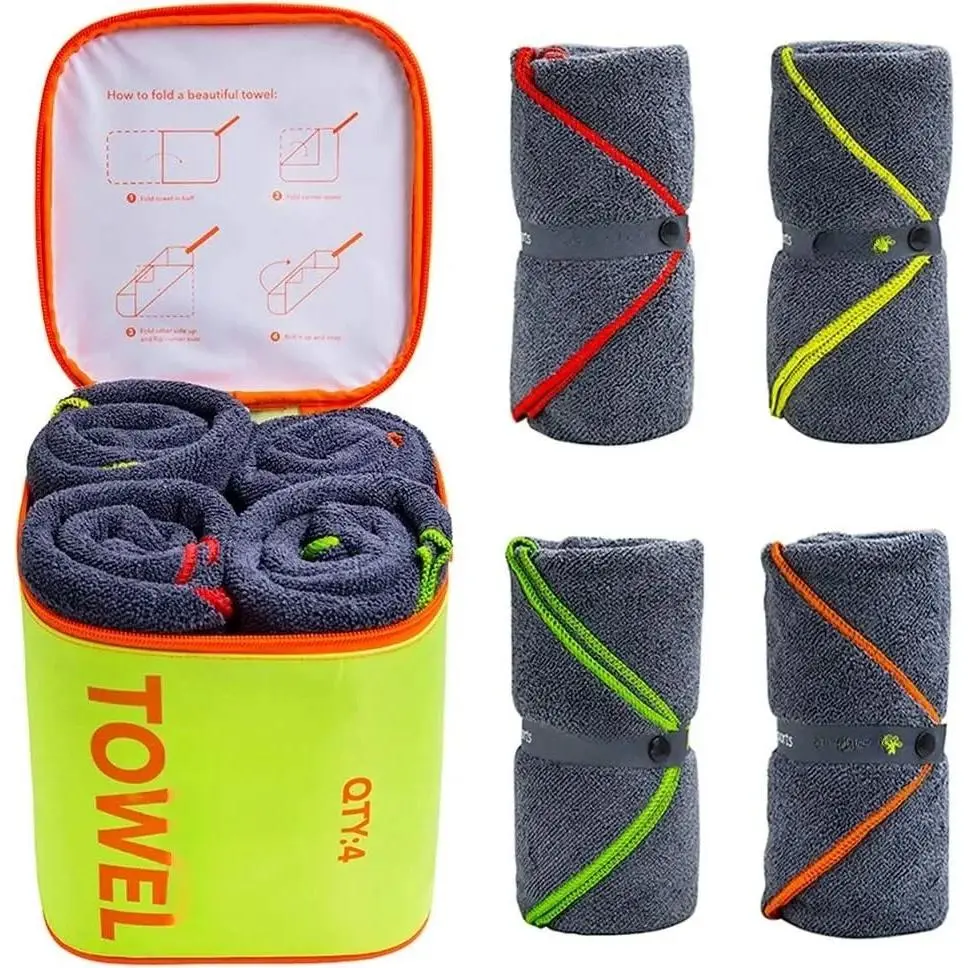 4 Pack Microfiber Camping Towel Quick Dry, Super Absorbent Travel Towel with Waterproof Bag, Lightweight Boat Towel for RV, Sport, Gym, Beach, Pool, Swim,Family Trip