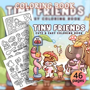 1PC TINY FRIENDS Cute Pet Coloring Book, Art Supplies, Q-version cartoon style, with rhino patterns, includes 46 pages of line art, designed to develop focus, perfect for home leisure and early childhood coloring, ideal Valentine's Day gift