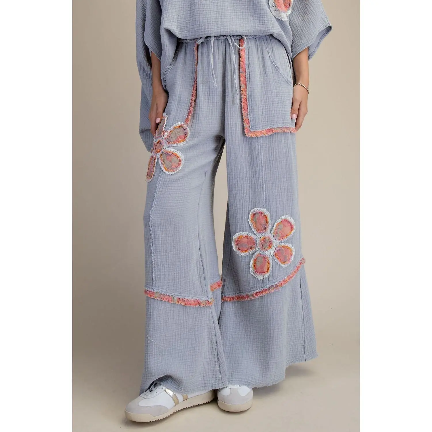Artisan Patchwork Pants for Women, Boho Floral Baggy Wide Leg Trousers with Elastic Waist and Raw Edge, Bottom