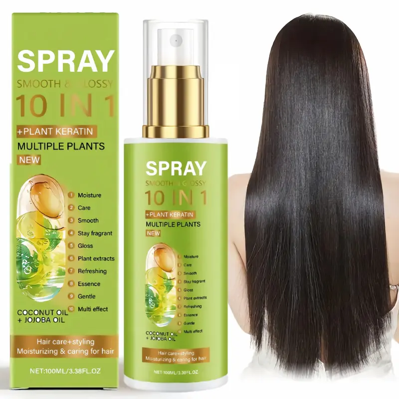 10-IN-1 Smooth and Radiant Hair Care Spray, containing plant keratin, biotin and jojoba oil, multiple plant extracts, combines hair care and styling functions, providing ten layers of protection for hair