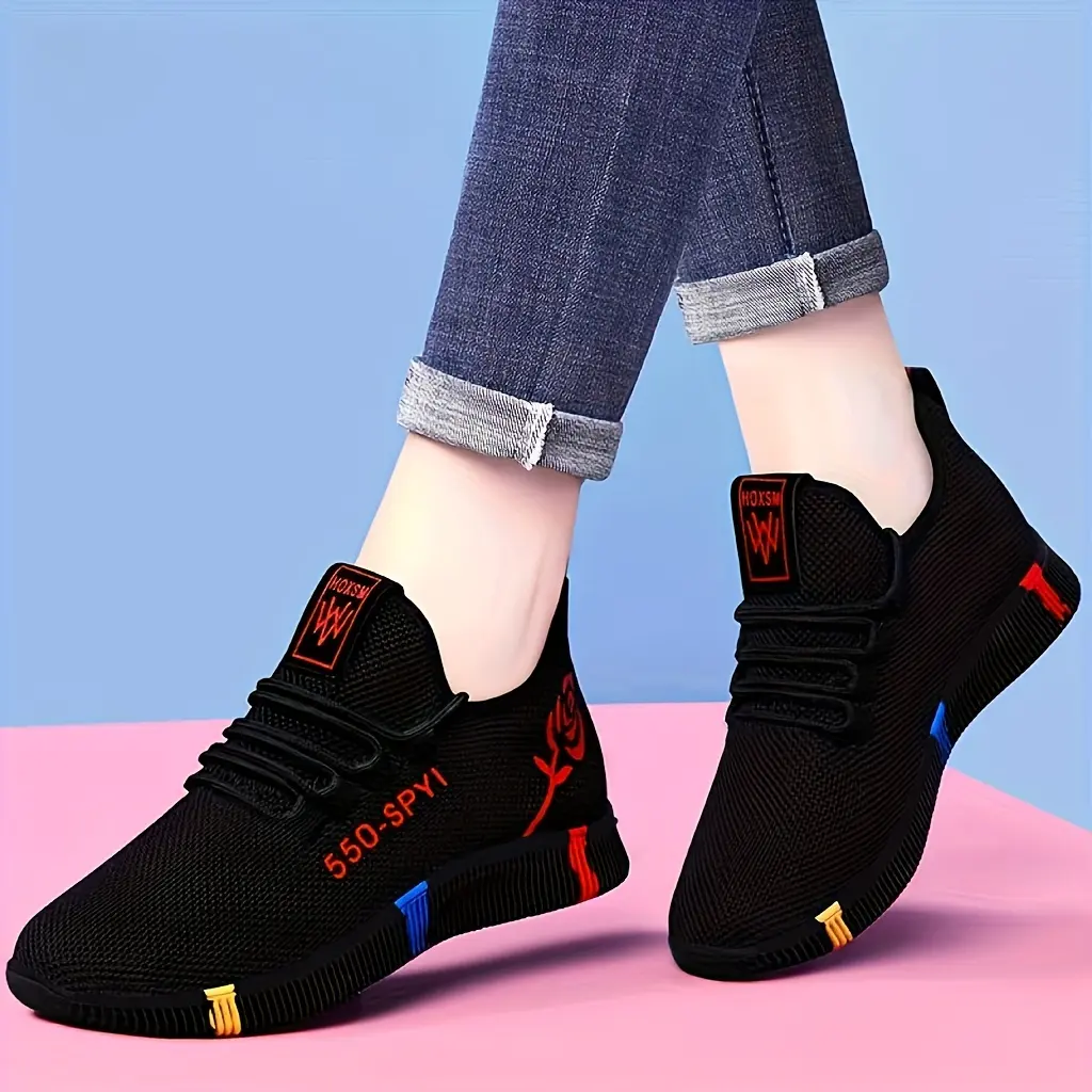 Thermal Plush Lined Women's Low Top Rose Pattern Sneakers, Casual Outdoor Lace Up Running Trainers