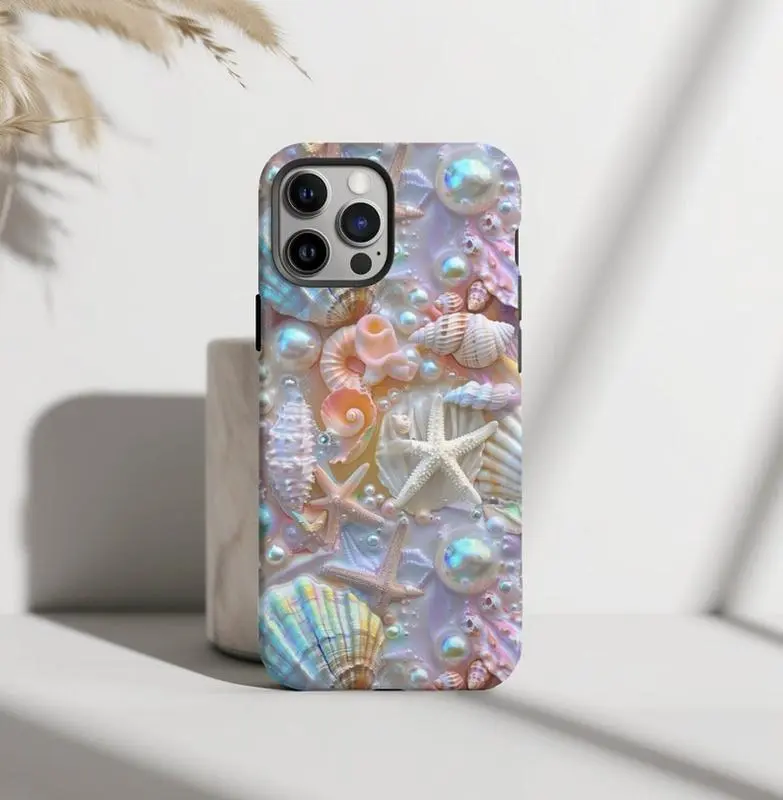 Seashell Mermaidcore Ocean Inspired Style Print, Dreamcore Phone Case: A tough- dual-layer phone case with a beautiful seashell-mermaidcore-ocean-inspired print- a dreamcore aesthetic and a durable design for style and protection.