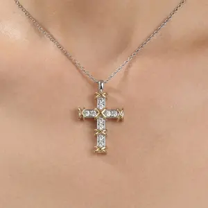 Cross necklace, cross-wound pendant necklace, 14K gold-plated white cubic zirconia religious gift for daily wear