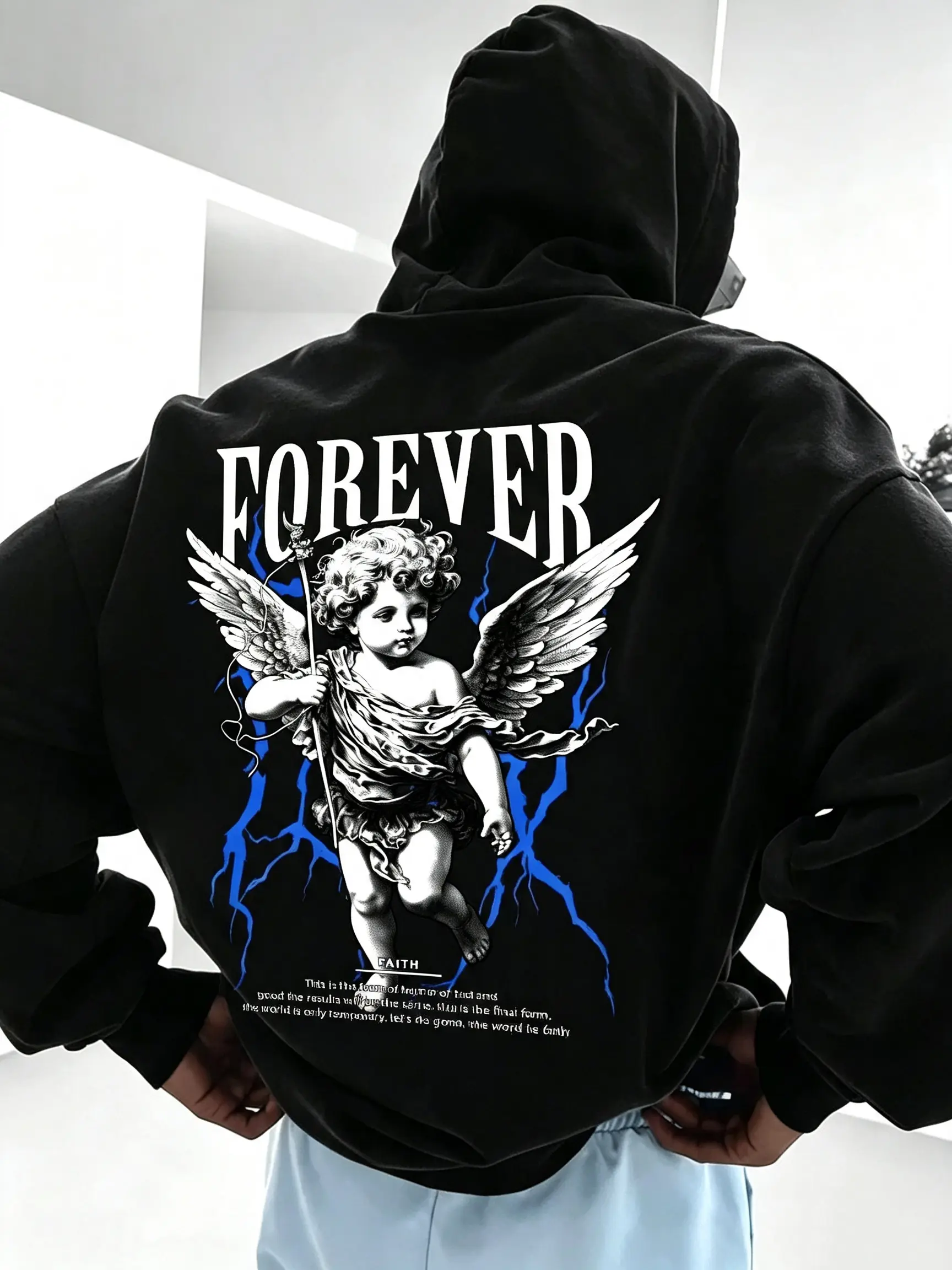 Men’s back-to-school retro angel graphic print hoodie, couples’ matching style, trendy street vibe, hip-hop fashion long sleeves pullover hooded sweatshirt for teens Casual Blue Jeans Knit