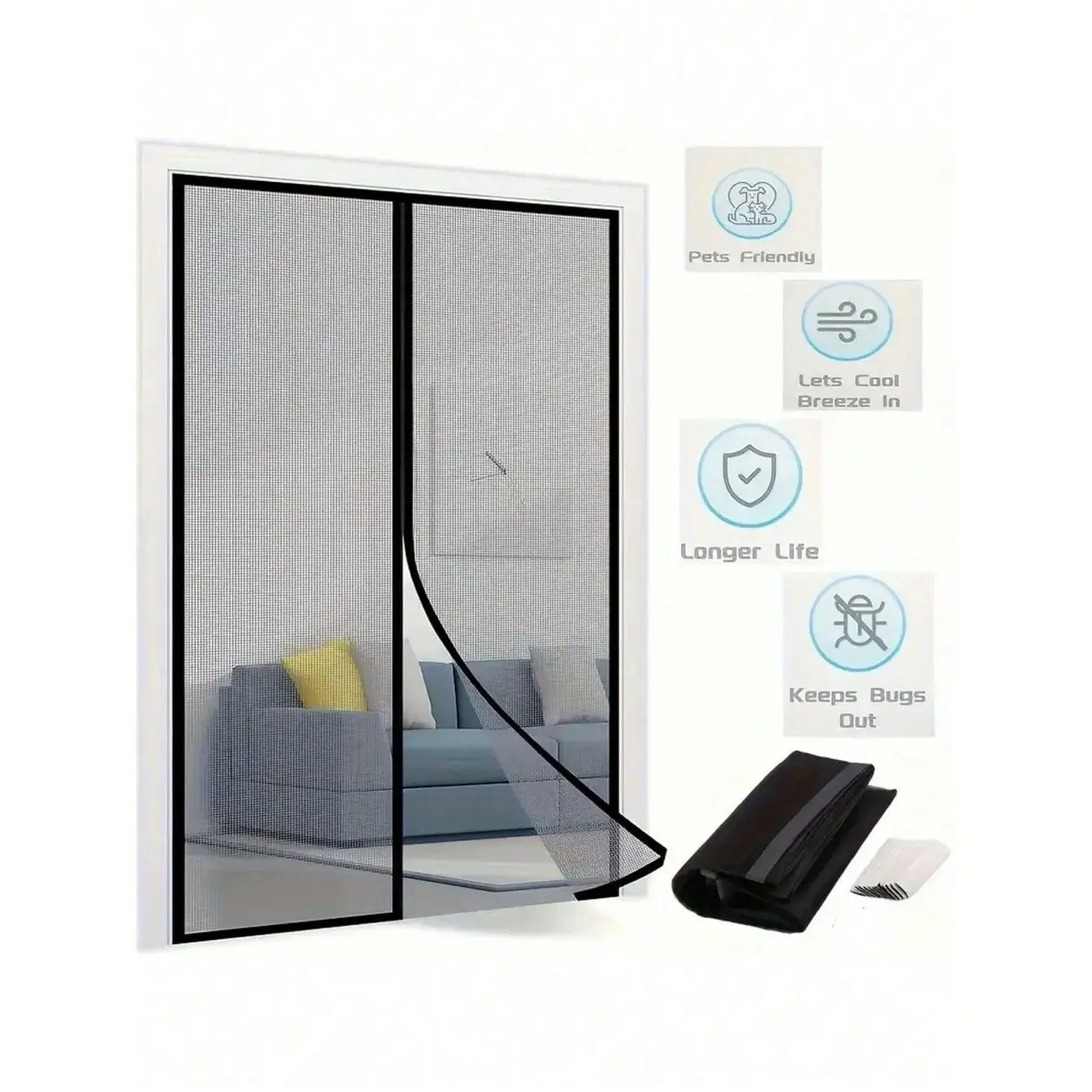 Magnetic Screen Door with Heavy Duty Mesh - Full Frame Hook & Loop Closure, Hands-Free Entry, Pet-Friendly, Pest Resistant, Lets Fresh Air In, Fits Doors Up To 39x82 Inches