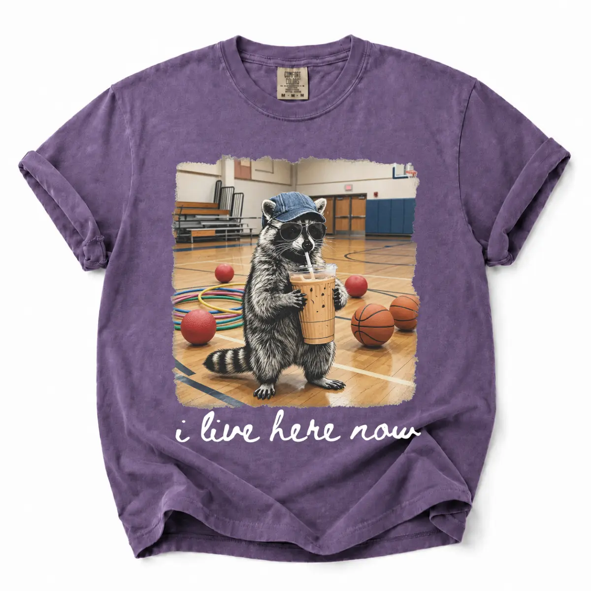 Comfort Colors Raccoon Graphic T-Shirt, I Live Here Now Funny Gym Teacher Tee, Cute Coffee Animal Shirt, Unisex Gift