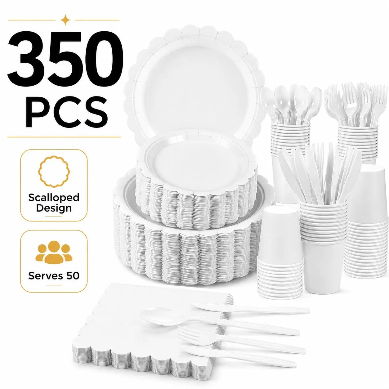 Plastic 350-Piece Disposable Dinnerware Set for 50 Guests - Scalloped Plates, Cups, Napkins, Knives & Cutlery, Festive Party Tableware for Weddings, Birthday Parties