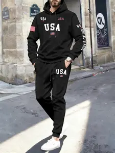 Men's Flag Letter Print Hoodie Set, Casual Sport Pants, Outdoor Sports, Comfortable Soft Fabric, Fall & Winter Wear, Sweatsuit Matching Set