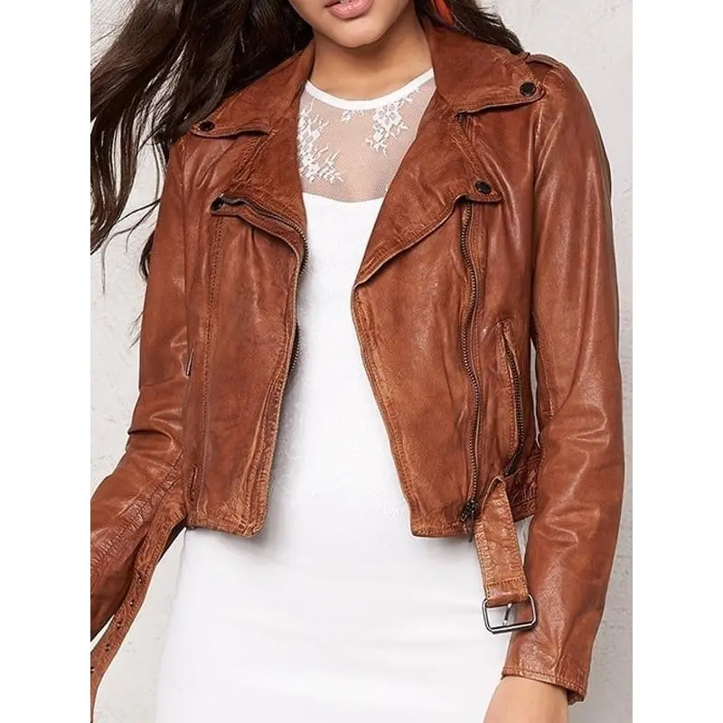 Women's Slim Fit Waxed Leather Jacket Tan Brown