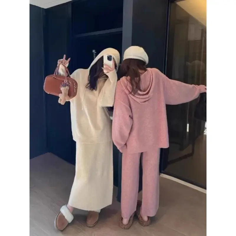 Knitted Sweater Set Skirt 2 Piece Suits Pullover Knitted Pullover Skirt Korean Fashion Women Winter V-neck Vintage Two-piece Set