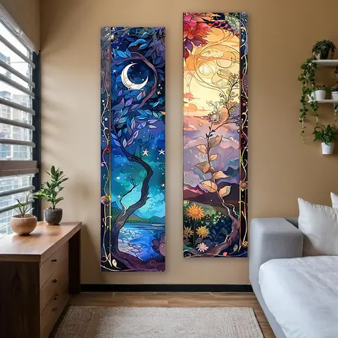 Sun & Moon Pattern Tapestry, 1/2 Counts Tree Of Life & Flowers Natural Landscape Long Narrow Tapestry, Wall Tapestries, Wall Decor for Bedroom, Living Room Wall Decor, Hanging Wall Art, Home Decor Items