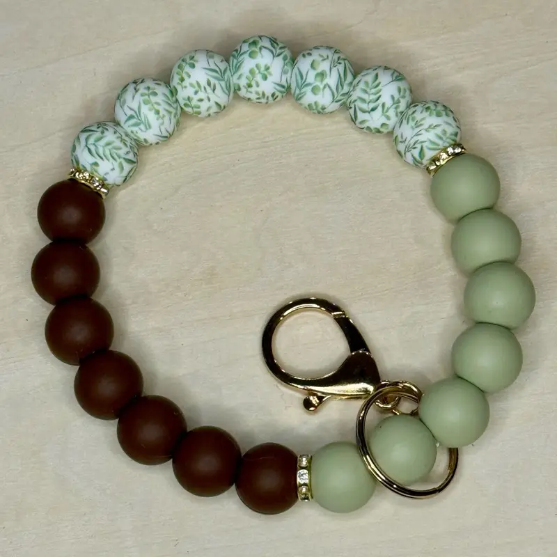 Among the Trees Silicone Bead Keychain Wristlet with Green and Brown Beads and Gold Clasp