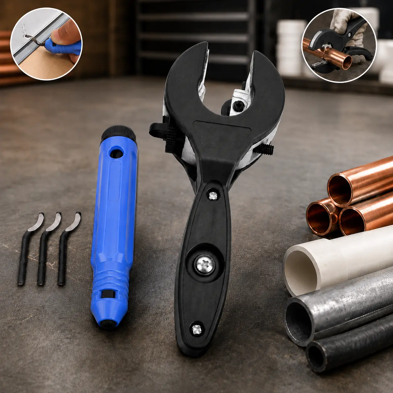 Ratcheting Tubing Cutter & Deburring Tool Set with Ratchet Action, Adjustable 1/4-7/8 in. Cutting Tool with 3 Blades for Copper, PVC, Iron Pipes, Plastic Hoses