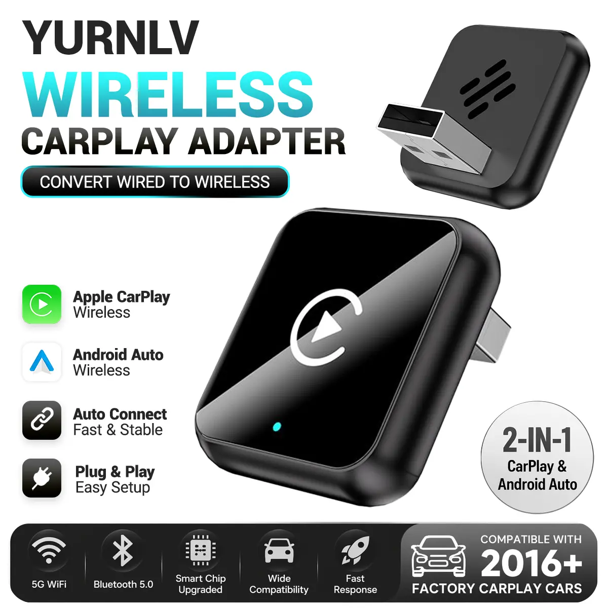 [Only For 2016+ Vehicles] YURNLV Wired-to-Wireless CarPlay Adapter - Designed for Vehicles with Factory-Wired CarPlay Supports In- for Both Apple and Android, Converts Wired to Wireless,Fast Connection. [Not for BMW/Tesla]