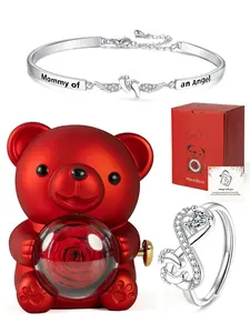 Angel Bracelet & Ring Set — Adjustable Angel Wing Bracelet and "Infinite Promise" Ring, Presented in a Gift Box with an Everlasting Rose and Teddy Bear. A Memorial Gift for the Loss of a Child or Loved One; a Heartwarming Mother's Day Gift for Mom.