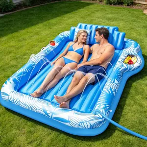 Extra Large Inflatable Tanning Pool Float Lounger with Sprinkler Pillow Drink Holder Cooler Tray, 4-in-1 Pool Lounge Floats Adults Automatic Spray Cooling Suntan Tub Raft Floatie Sunbathing Bed Kids Ball Pit for Backyard Summer Water