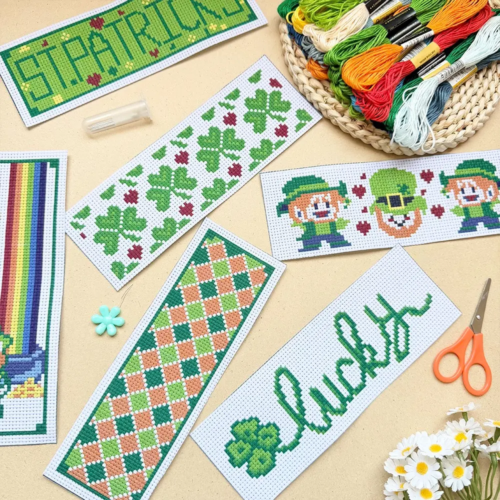 6-Piece Lucky Clover Cross Stitch Bookmark Kit, Rainbow & Elf Pattern Fabric Bookmarks, Includes 6 Printed Cross Stitch Fabrics