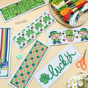 6-Piece Lucky Clover Cross Stitch Bookmark Kit, Rainbow & Elf Pattern Fabric Bookmarks, Includes 6 Printed Cross Stitch Fabrics